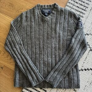 Vintage Abercrombie & Fitch Men's Large Lambs Wool Cable Knit Sweater Grey Y2K
